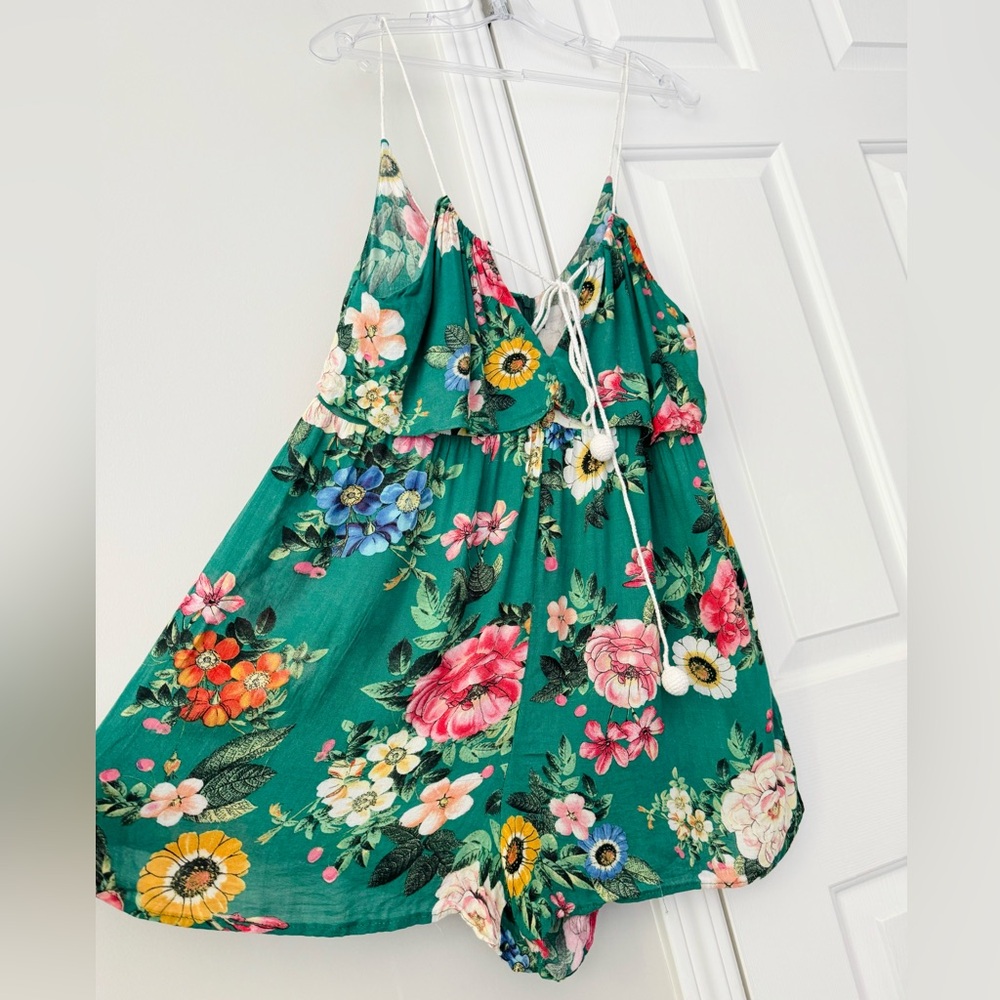 FARM Rio Green Floral Romper with Multicolor Blooms